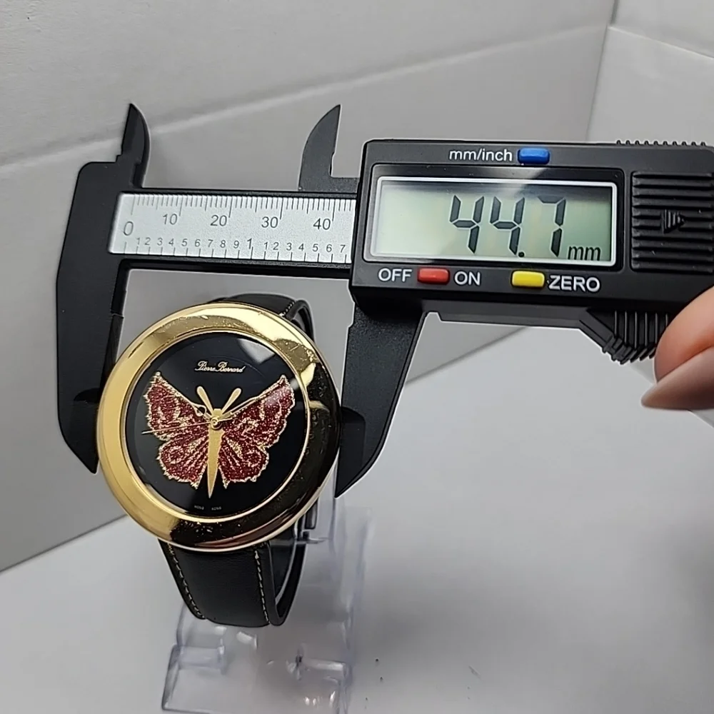 Womens Pierre Bernard Butterfly Watch Gold Glitter Black Leather New Battery